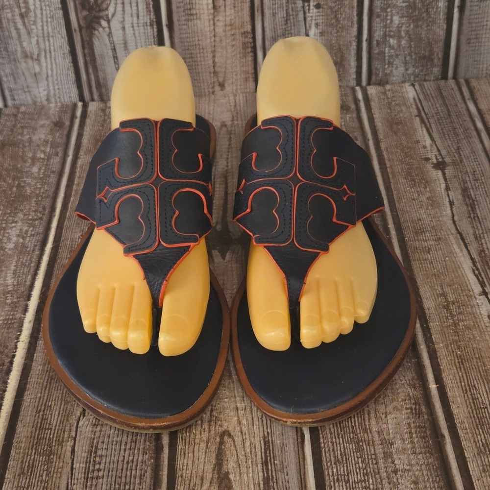Sz 11 Womens Tory Burch Jamie Navy Orange Logo Thong Flat Sandals Good